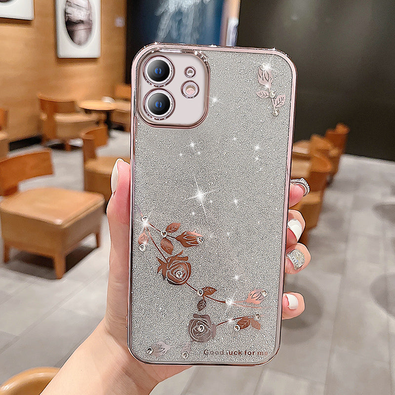 Rhinestone Decor Phone Case for iPhone 12 6.1 inch Anti-drop Flower Pattern Glitter Powder TPU Electroplating Cover Rhinestone Decor Phone Case for iPhone 12 6.1 inch Anti-drop Flower Pattern Glitter Powder TPU Electroplating Cover